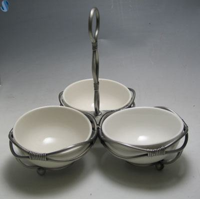 Sectional Porcelain China Bowls - Pewter-Wired Dish - With 3 Sections