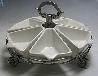 Sectional Round China Bowls - Pewter Plate - With 5 Sections