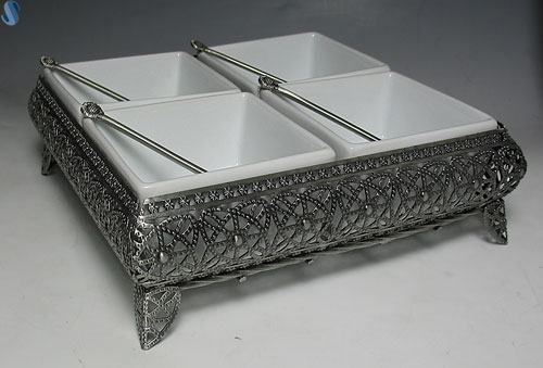 Sectional Porcelain China Square Bowls - Pewter Platter - With 4 Sections