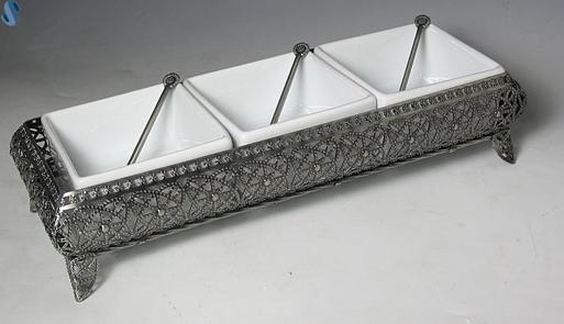 Sectional Porcelain China Square Bowls - Pewter Platter - With 3 Sections