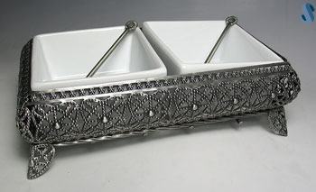 Sectional Porcelain China Square Bowls - Pewter Dish - With 2 Sections