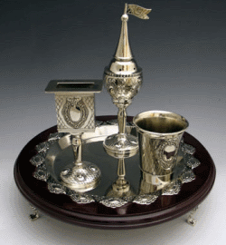 Nickel-Plated and Mahogany Wood Havdalah Set with Tray