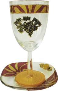 Burgundy Glass Kiddush Cup and Matching Coaster with Grapes by Lily Art
